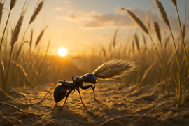 Una hormiga arrastrando un pesado grano de trigo hacia su nido subterráneo al atardecer.