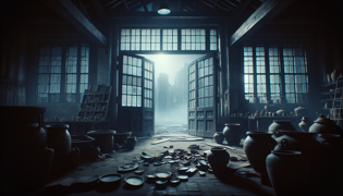A half-ruined pottery workshop at night under the moon with ghostly shimmer
