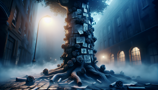 Tiles and sketches left on trees and stones at night as offerings