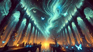 Sombras y ciudadanos durante el Ocaso; criaturas bioluminiscentes entre ruinas resplandecientes en Astralis
