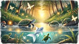 Luna sharing the water with glowing fireflies and kind turtles in a forest stream