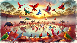 Un grupo de aves de colores brillantes iluminadas por el amanecer sobre el interior de Australia.