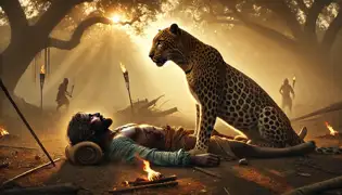 Tunde, injured, lies near the battlefield as the leopard stands over him, victorious and protective.