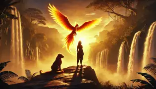 At dawn, Valeria and Tukupa stand before Angel Falls, with the Firebird perched high, its radiant feathers shimmering in the sunrise.