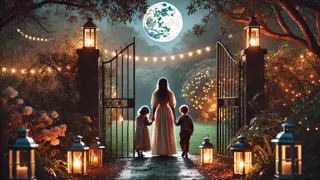 Lily guiding two children across the garden at dusk under glowing lanterns