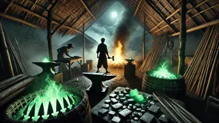 Moonlit forge on the Mekong River, glowing embers against bamboo walls