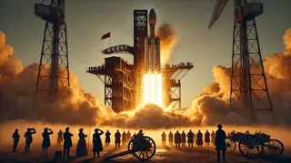 Eine colossal dampfgetriebene Rakete, die in den Morgengrauen aufsteigt, mit aufwölkendem Dampf, silhouettiert gegen feurige Kessel.