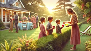 Cousin offering iced lemonade to children at the garden party edge