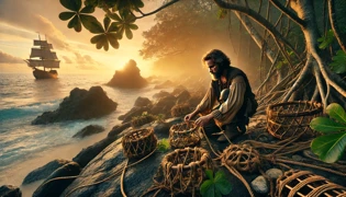 Crusoe setting a snares for island wildlife along a rugged coastline