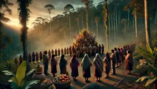 Villagers offering tributes at the edge of Ybycuí forest, showing reverence for Tupára.