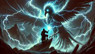 Nyamazana kneels before the colossal Lightning Bird at the peak of the Sacred Mountain, the storm raging around them.