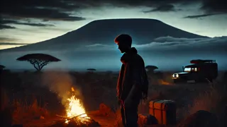 Un escritor de pie, solo, frente a la montaña, con una postura cansada al atardecer.