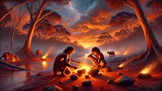 Niños golpeando piedras entre sí mientras salpican chispas bajo el cielo del crepúsculo.