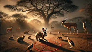 Hare drawing strategy lines in red earth beneath a fever tree surrounded by watching animals