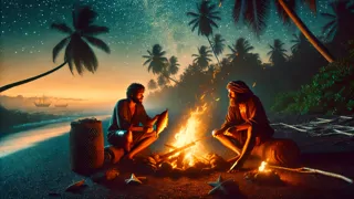 Deux silhouettes près d'un feu de camp nocturne sur une plage abandonnée