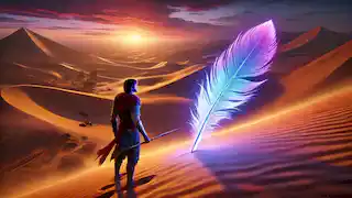 Darius finds a glowing feather of the Huma bird in the desert twilight, casting a soft light in the surrounding sand.