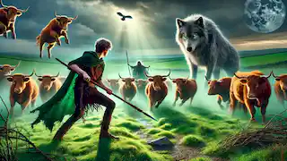 The Morrígan disguised as a wolf leads cattle to disrupt Cú Chulainn in a mystical and tense Irish landscape.