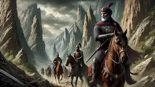 Bahram Gur leads his warriors through rugged mountains under cloudy skies, preparing to face the dragon.