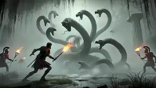 The Hydra emerges from the shadows in the misty swamps of Lerna, as Heracles and Iolaus approach cautiously.