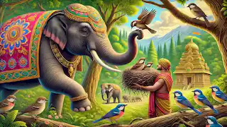 The elephant carefully helped the sparrows rebuild their nest using his trunk.