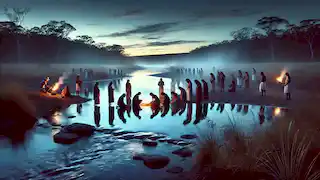 Aboriginal people kneel near a river at dusk, offering gratitude to water spirits for sustaining life.