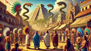 Aztlan leaders engage with Toltecs in a vibrant city adorned with pyramids and serpent sculptures, symbolizing cultural exchange.