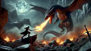 Rostam faces a large dragon in a rocky mountain terrain at night, preparing to strike it with his sword.