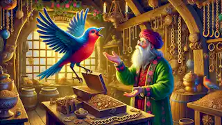 Bird visiting a goldsmith's shop, singing a haunting melody in exchange for a golden chain.