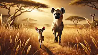 Kito the gazelle and Jabari the hyena walk side by side on the savanna, symbolizing their newfound friendship.