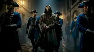 Royal guards escort the masked prisoner at night through a narrow, dimly lit street in 17th-century France