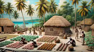 Carib villagers tending to crops and crafting canoes on a peaceful tropical island.