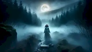 Saoirse O'Connor stands frozen on a misty forest path, hearing the Banshee's cry under the eerie glow of the full moon.