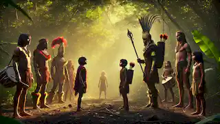 Hunahpú and Xbalanqué facing their older half-brothers, One Monkey and One Artisan, in a jungle clearing.