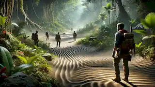 A group of explorers cautiously navigates a dense jungle with glowing plants, following shifting sand patterns.