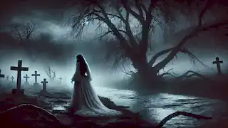 La Llorona wanders near a fog-covered river, her white gown flowing as she searches for her lost children in the night.