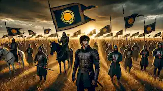 Aliman leads a united Kazakh army under banners with golden suns, standing resolute on the steppe at twilight.