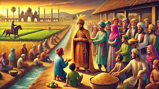 The Sultan, humbled, distributing food and gold to villagers in a prosperous village with joyful people and lush fields.