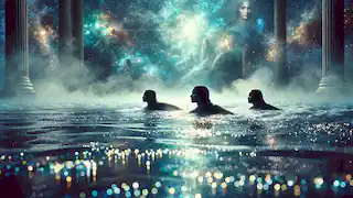 The nymph sisters swim through the mystical River of Time, surrounded by reflections of past, future, and possible fates.