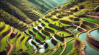 Terraced agricultural fields of the Incas with irrigation systems in the Andes.