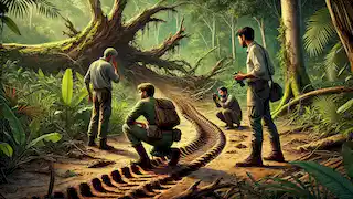 Lucas, Dr. Almeida, and Joaquim examine strange tracks and gouges in a jungle clearing.