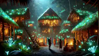 A hidden Amazon village glowing with bioluminescent moss, where Maia meets the villagers.