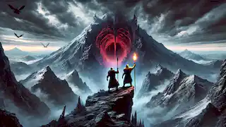 Kiprop and Kiptoo stand at the summit of a mountain, facing a dark pit glowing red.