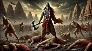 Parashurama stands amid a battlefield with his divine axe, showing the aftermath of his vengeance on the Kshatriya kings.