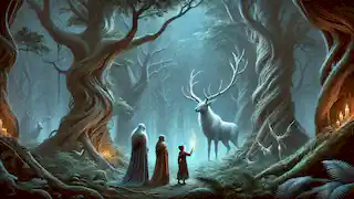 The princesses confront the Elk King in the enchanted Forest of Echoes under a starlit sky