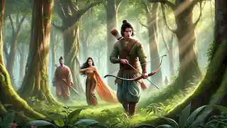 Phra Ram, Sida, and Phra Lak journey through a lush forest, with Phra Ram leading and Phra Lak ready for battle.