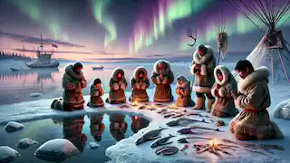 Inuit people offer prayers and gifts to Sedna at a snow-covered shoreline under the northern lights.