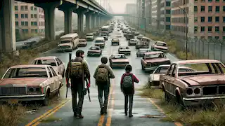 Joel and Ellie cautiously walk through an abandoned highway, surrounded by rusting cars and overgrown plants.