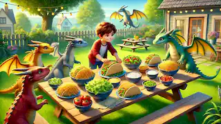 Tom sets up a taco feast in the backyard, with dragons approaching the table, eager to join the meal.