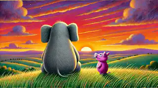 Gerald and Piggie watch a colorful sunset together, with Gerald appearing more calm and thoughtful.