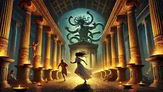 Poseidon’s pursuit of Medusa inside Athena’s sacred temple with ornate columns and golden oil lamp light.